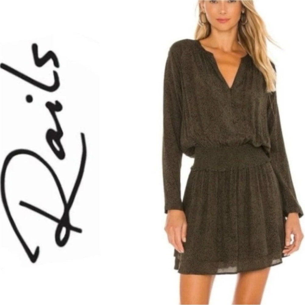 Rails Jasmine Dress Olive Speckled •L• Long Sleeve Smocked Waist Mini Green